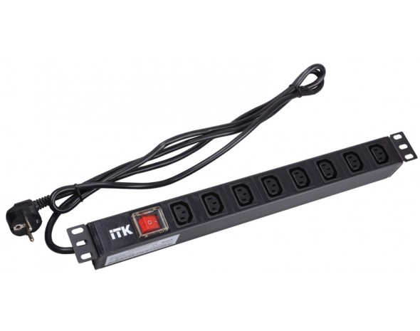 IEK ITK PDU Блок: 8 розеток C13 с LED выкл.,1U, шнур 2м, вилка, немецкий стандарт