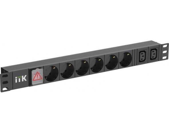 IEK ITK PDU 6 розеток нем. ст. + 2 С13 LED 1U вх. С14 алюмин.