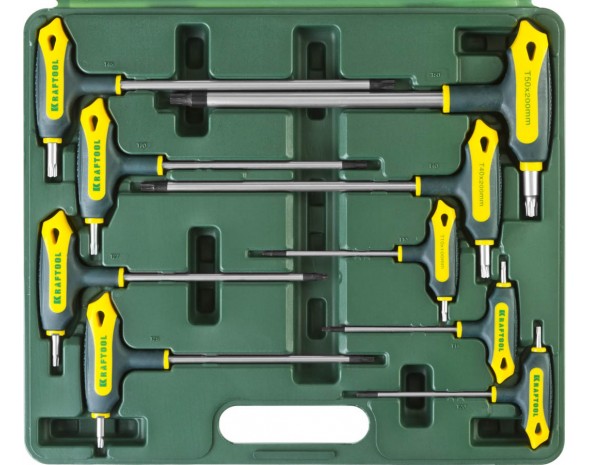Набор KRAFTOOL Ключи "INDUSTRIE" имбусовые,Cr-Mo(S2),Т-образные,эргоном двухкомп рукоятка,TORX Hole 10-50,9 шт,в боксе