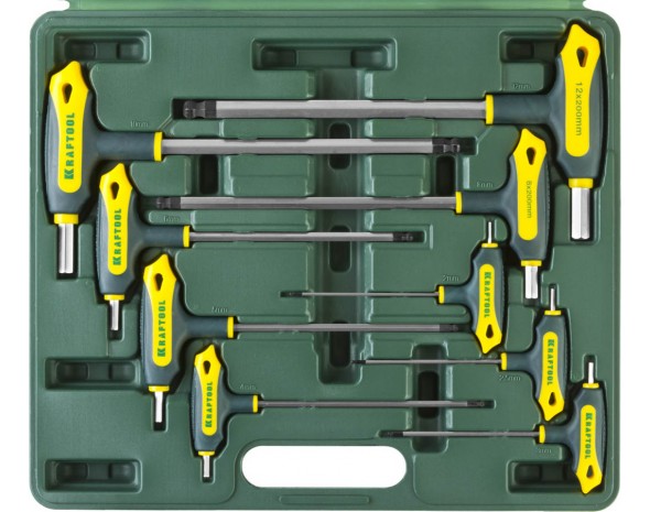 Набор KRAFTOOL Ключи "INDUSTRIE" имбусовые,Cr-Mo(S2),Т-образные, эргоном двухкомп рукоятка,HEX,с шариком,9 шт,в боксе