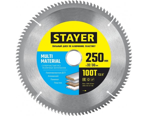 STAYER MULTI MATERIAL 250х32/30мм 100Т, диск пильный по алюминию, супер чистый рез